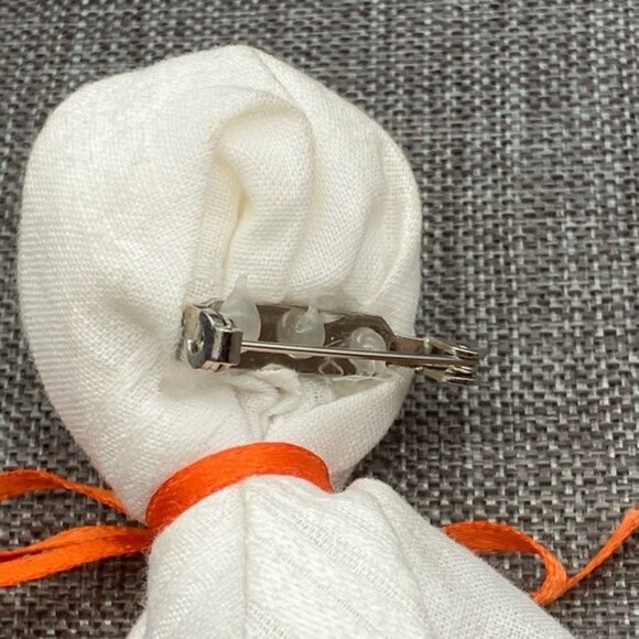 Halloween Ghost Pin Brooch Handmade White Handkerchief Orange Ribbon Cute Spooky - Picture 6 of 9